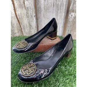 TORY BURCH Amy Black Patent Logo Low Block Heel Pumps Shoes Women's 11 M